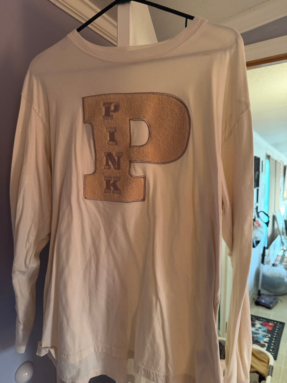 PINK Victoria's Secret Cream Long Sleeve Tee with Gold 'P' Patch